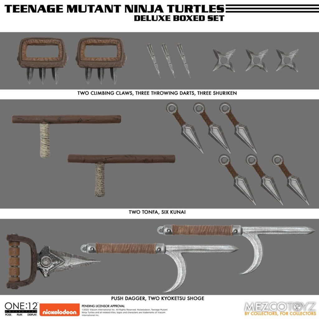 Teenage Mutant Ninja Turtles 2 Climbing Claws, 3 Throwing Darts, 3 Shuriken, 2 Tonfa, 6 Kunai, Push Dagger, and 2 Kyoketsu Shoge